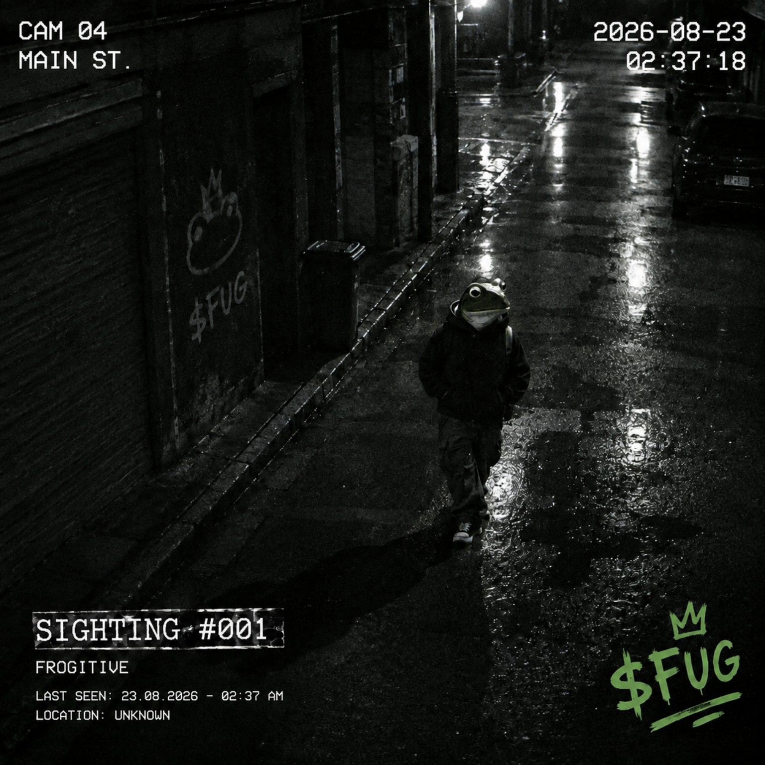 Confirmed FROGITIVE sighting 001 in a dark street captured by surveillance camera